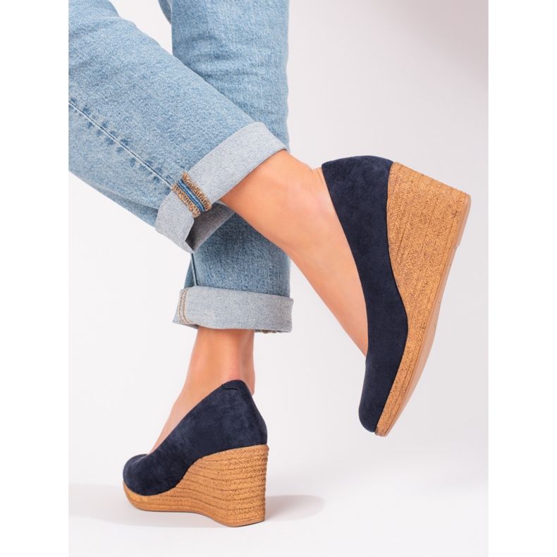 W. Potocki Czółenka damskie na koturnie granatowe Potocki niebieskie 2