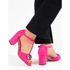 Zamszowe damskie sandały na słupku różowe Shelovet 3