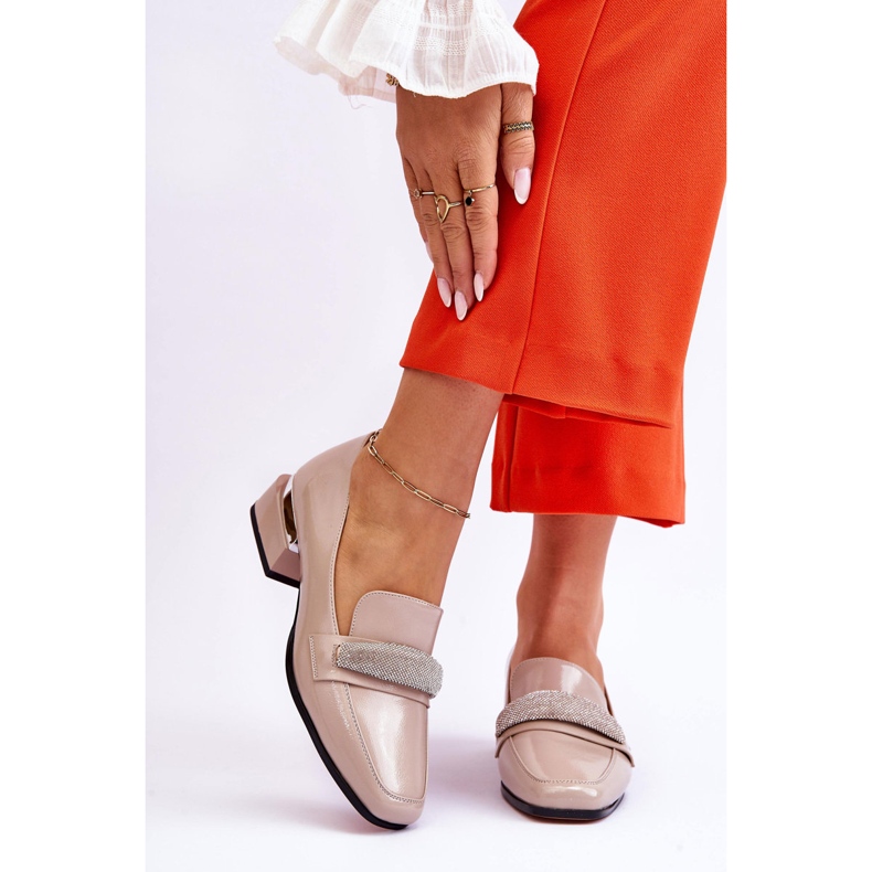 S.Barski Lakierowane Mokasyny Na Obcasie Z Cyrkoniami Beżowe Lavern beżowy 1