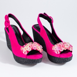 Damskie sandały na koturnie zamszowe Shelovet różowe 1