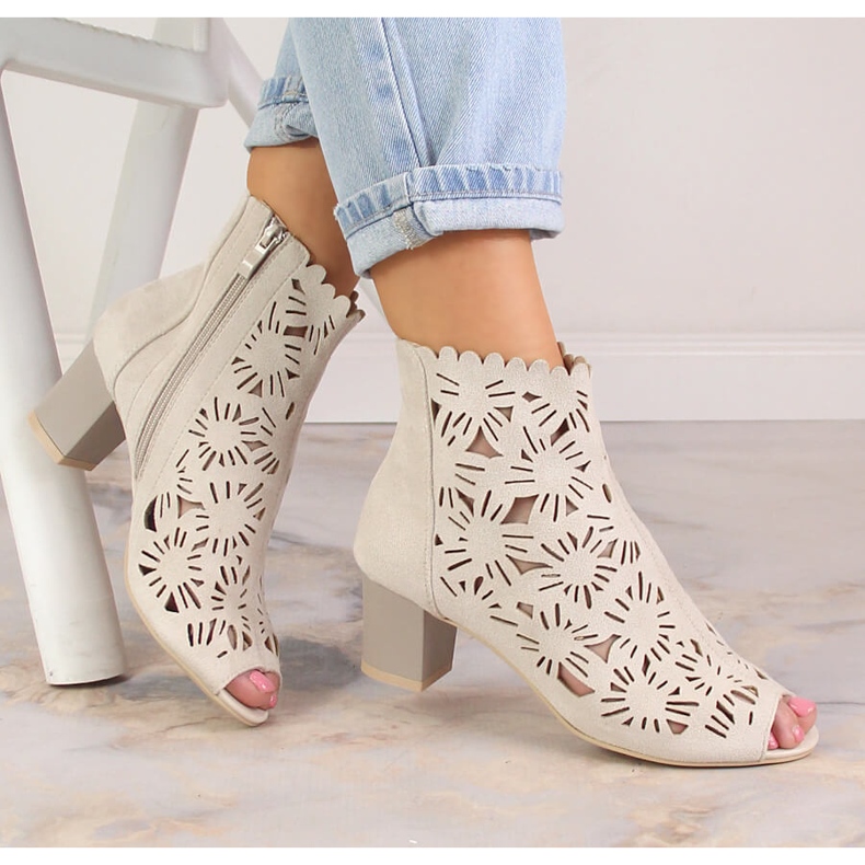 M. DASZYŃSKI Botki wiosenne damskie ażurowe peep toe beżowe M.Daszyński MR1954-10 beżowy 1