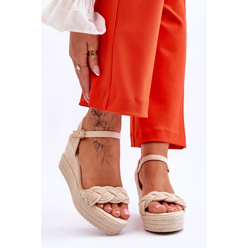 FB2 Klasyczne Zamszowe Sandały Na Koturnie Beżowe Denisse brązowe 1