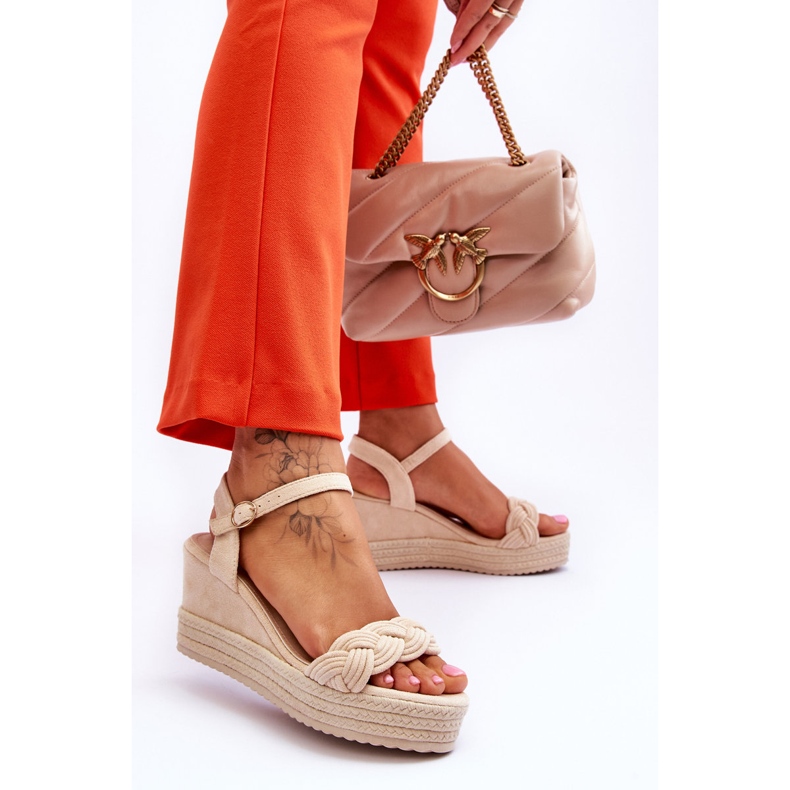 FB2 Klasyczne Zamszowe Sandały Na Koturnie Beżowe Denisse brązowe 2