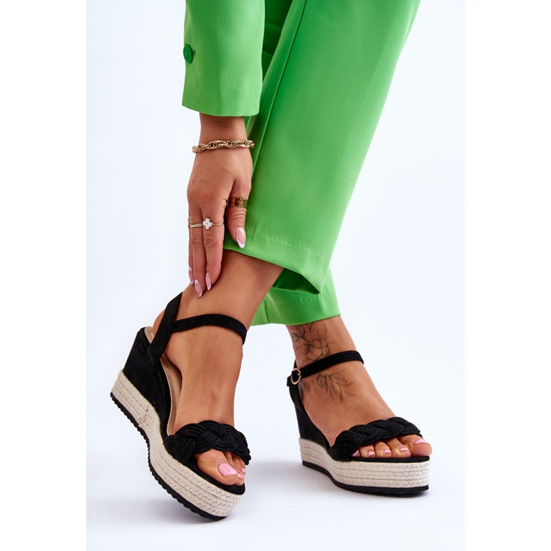 Klasyczne Zamszowe Sandały Na Koturnie Czarne Denisse 2