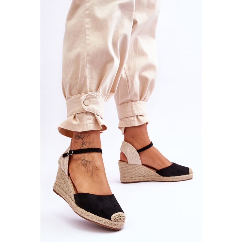 Zamszowe Sandałki Espadryle Na Koturnie Czarne Cammer 2
