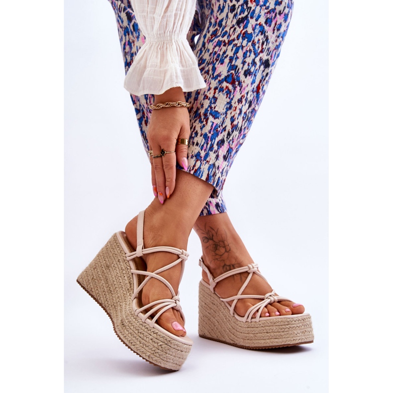 Modne Sandały Na Koturnie Z Plecionką Beżowe Nessia brązowe 2
