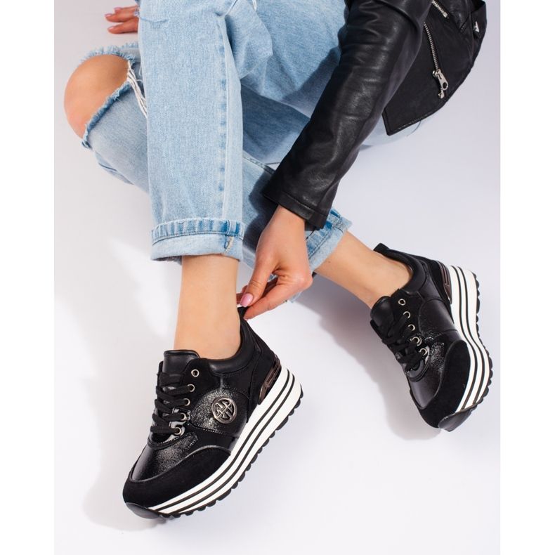 W. Potocki Czarne sneakersy damskie na koturnie Potocki 1
