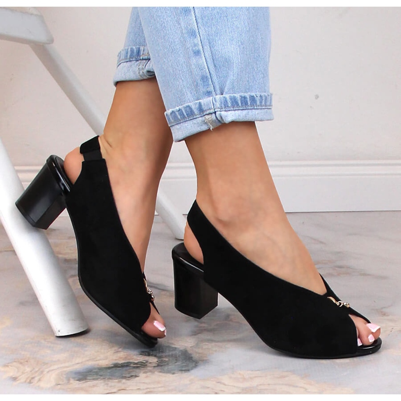 M. DASZYŃSKI Sandały damskie zamszowe na słupku wsuwane czarne M.Daszyński SA169-6 1