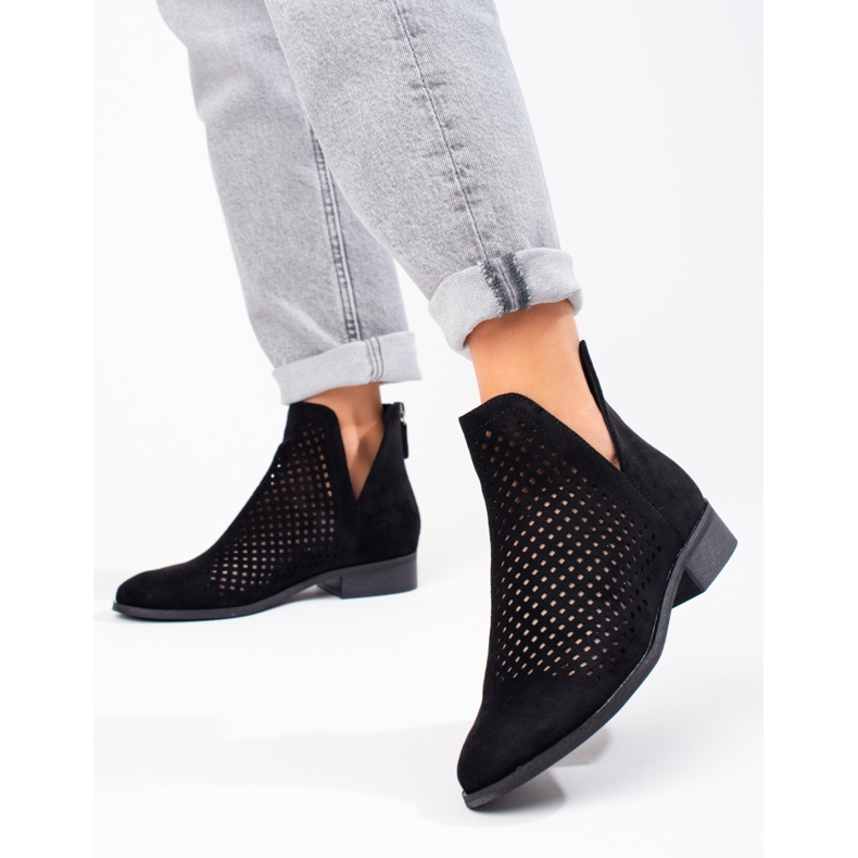 W. Potocki Damskie wiosenne botki ażurowe Potocki czarne zamszowe 1