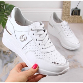 Skórzane komfortowe półbuty damskie na koturnie sneakersy białe S.Barski LR29169 4