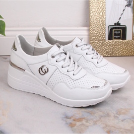 Skórzane komfortowe półbuty damskie na koturnie sneakersy białe S.Barski LR29169 5