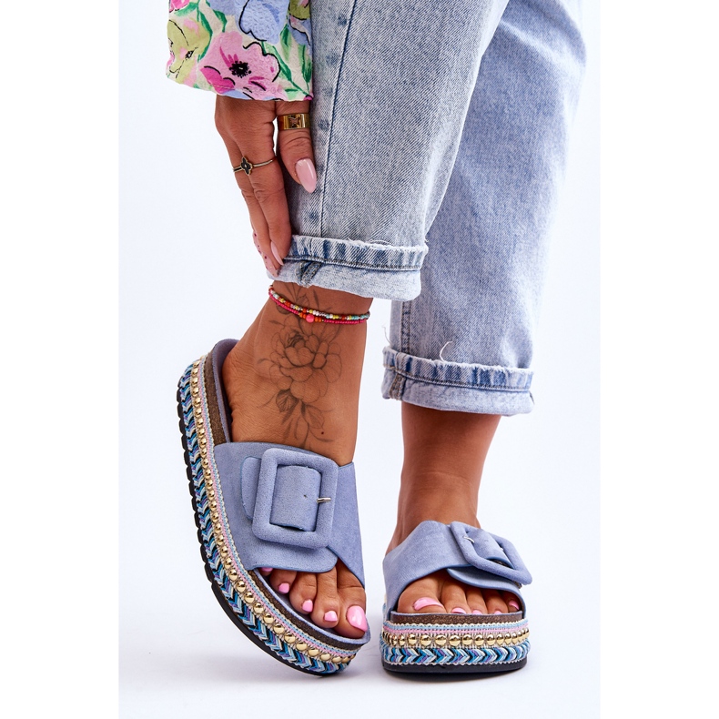 PS1 Damskie Klapki Na Zdobionej Platformie Niebieskie Joyce 1