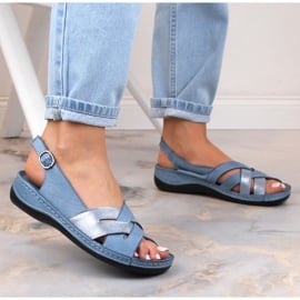 Skórzane sandały damskie płaskie niebieskie T.Sokolski L22-521 7