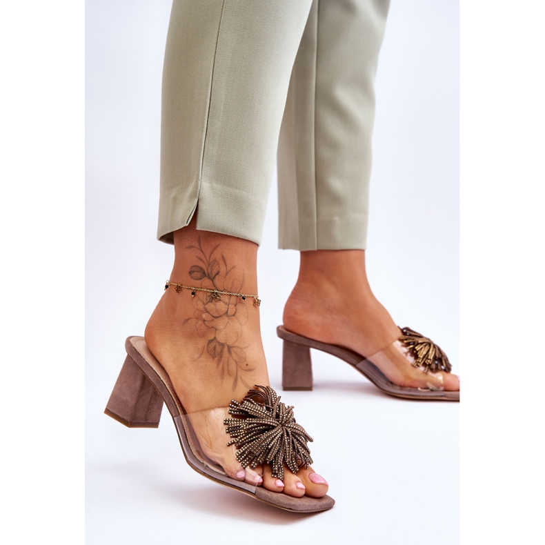 Modne Transparentne Klapki Na Obcasie S.Barski KV-AP658-1 Brązowe 2