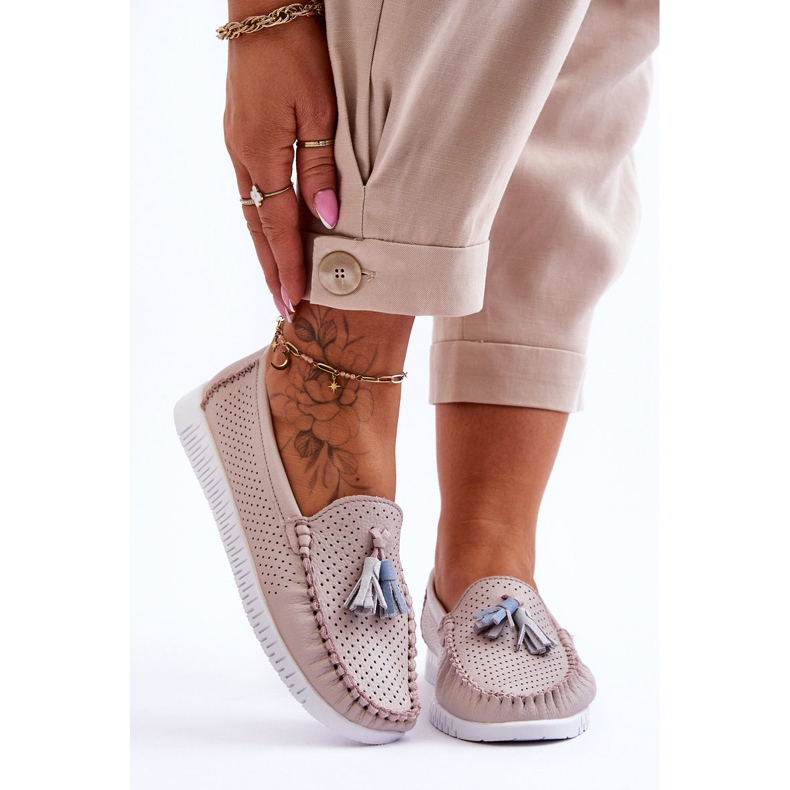 Damskie Skórzane Ażurowe Mokasyny Jasnoróżowe Lanzarot 1
