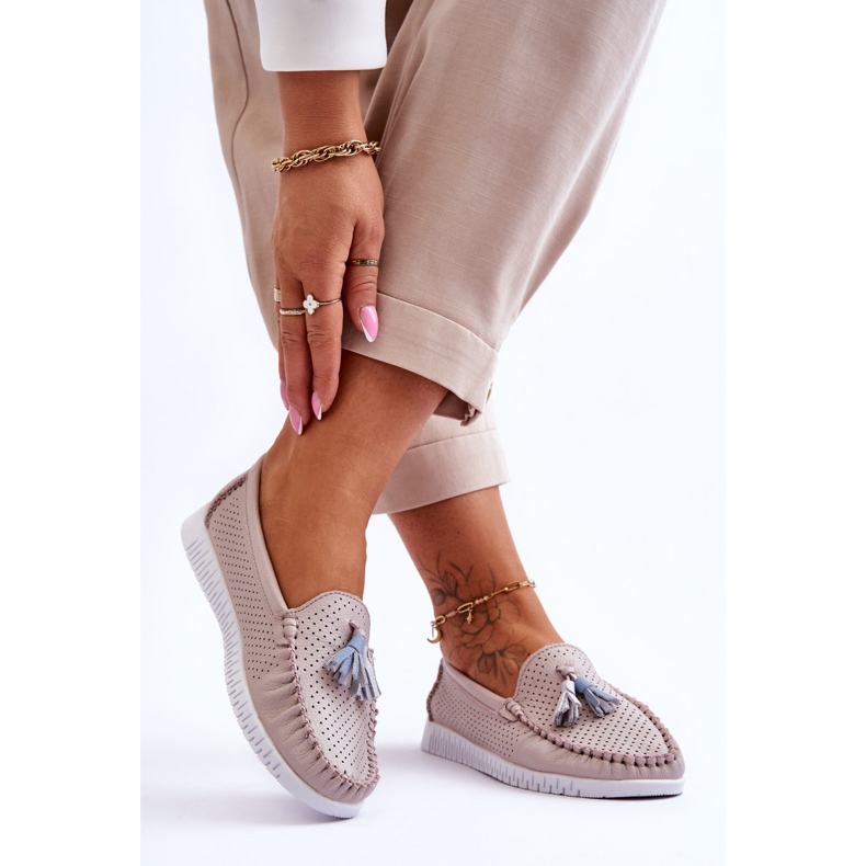 Damskie Skórzane Ażurowe Mokasyny Jasnoróżowe Lanzarot 2