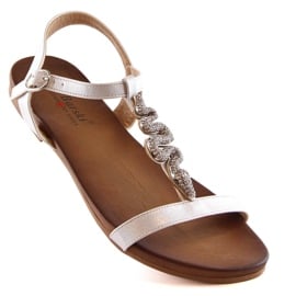 Sandały damskie komfortowe płaskie ze żmijką srebrne S.Barski Kv 5541-42 srebrny 1