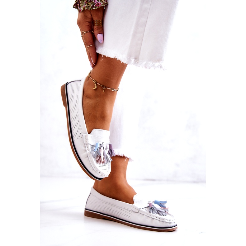 Evento Skórzane Mokasyny Damskie Z Frędzlami Białe Laressa 2