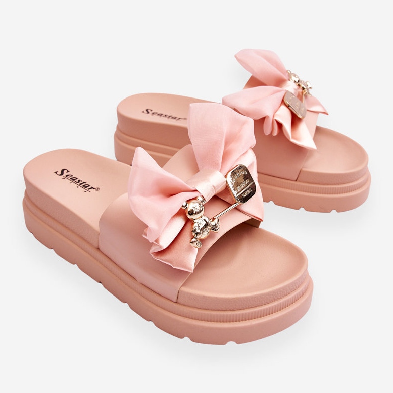 PE1 Klapki Z Kokardą I Ozdobnym Misiem Jasnoróżowe Suzy 1