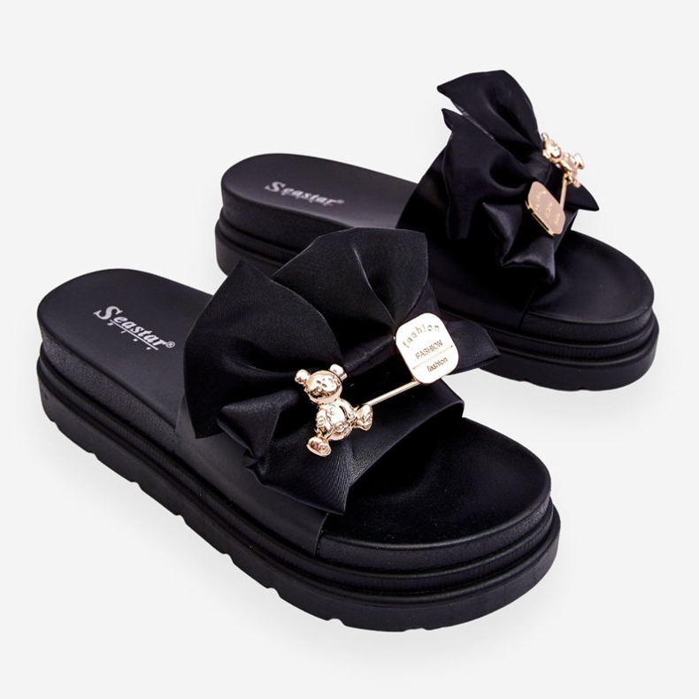 PE1 Klapki Z Kokardą I Ozdobnym Misiem Czarne Suzy 1