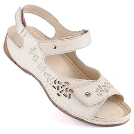 Skórzane komfortowe sandały damskie na rzepy ekri Helios 266-2 beżowy 1