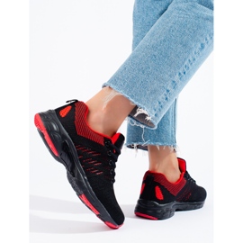 Tekstylne buty damskie sportowe czarno-czerwone DK czarne 2