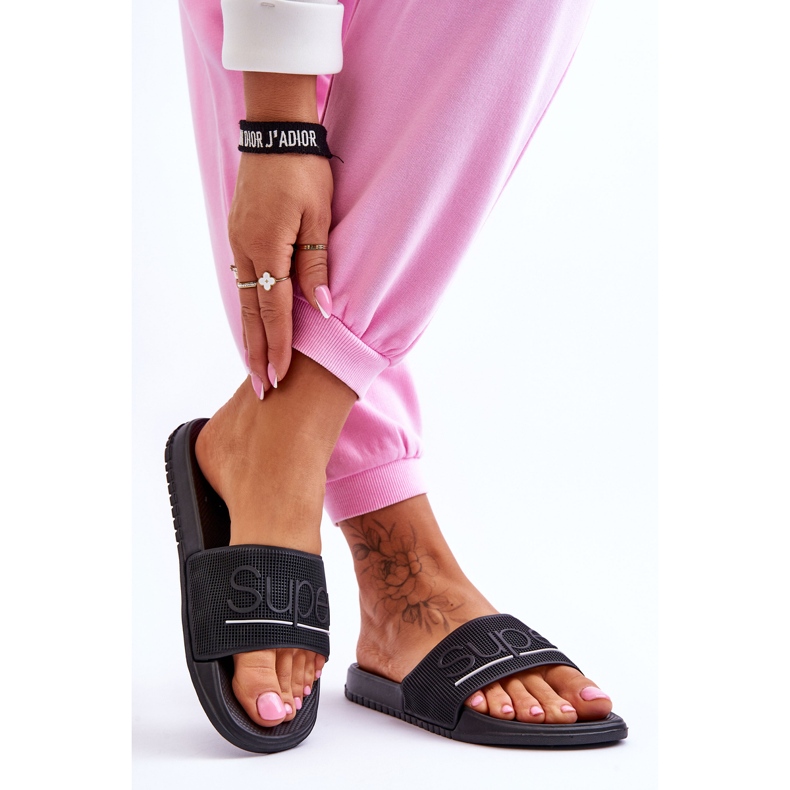 Lekkie Damskie Klapki Z Napisem Czarne Merry 2