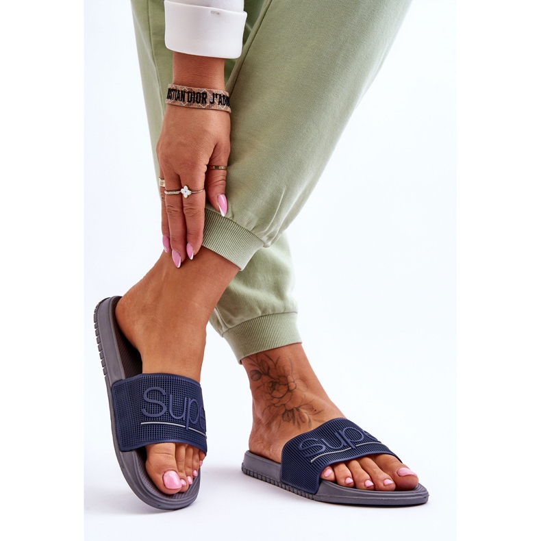 Lekkie Damskie Klapki Z Napisem Granatowo-Szare Merry niebieskie 2
