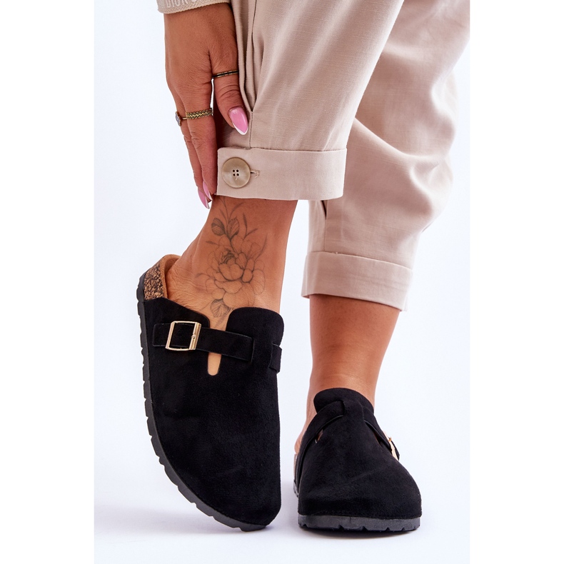 FJ1 Zamszowe Klapki Na Korkowej Platformie Czarne Vellma 1