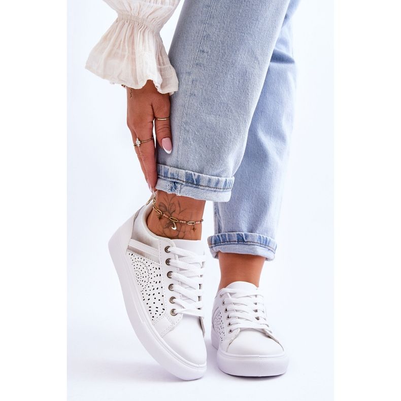 Klasyczne Sportowe Buty Z Ażurowym Wzorem Biało-Srebrne Happier białe 1