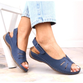 Skórzane komfortowe sandały damskie na rzep granatowe Helios 117 niebieskie 2