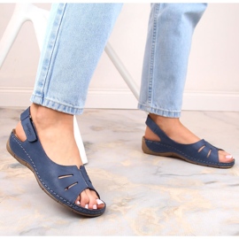 Skórzane komfortowe sandały damskie na rzep granatowe Helios 117 niebieskie 3
