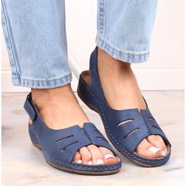 Skórzane komfortowe sandały damskie na rzep granatowe Helios 117 niebieskie 4