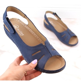 Skórzane komfortowe sandały damskie na rzep granatowe Helios 117 niebieskie 5