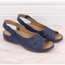 Skórzane komfortowe sandały damskie na rzep granatowe Helios 117 niebieskie 6