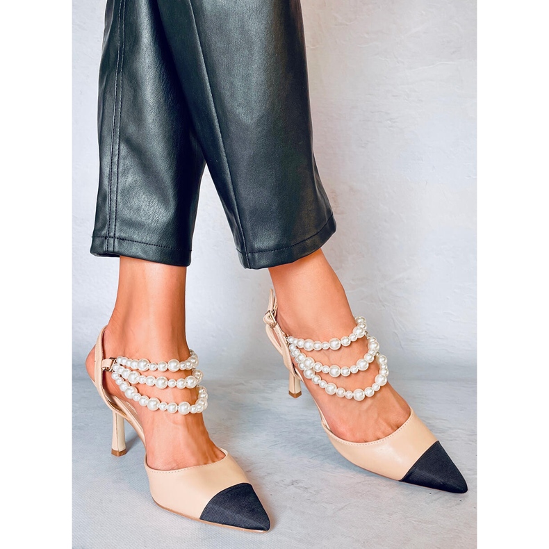 Czółenka z odkrytą pięta z perłami Harmony Beige beżowy 1