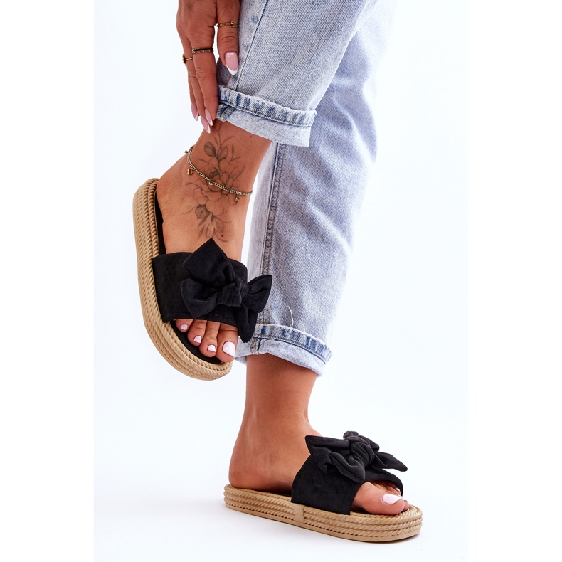 FK1 Damskie Zamszowe Klapki Z Kokardą Czarne Fency 1