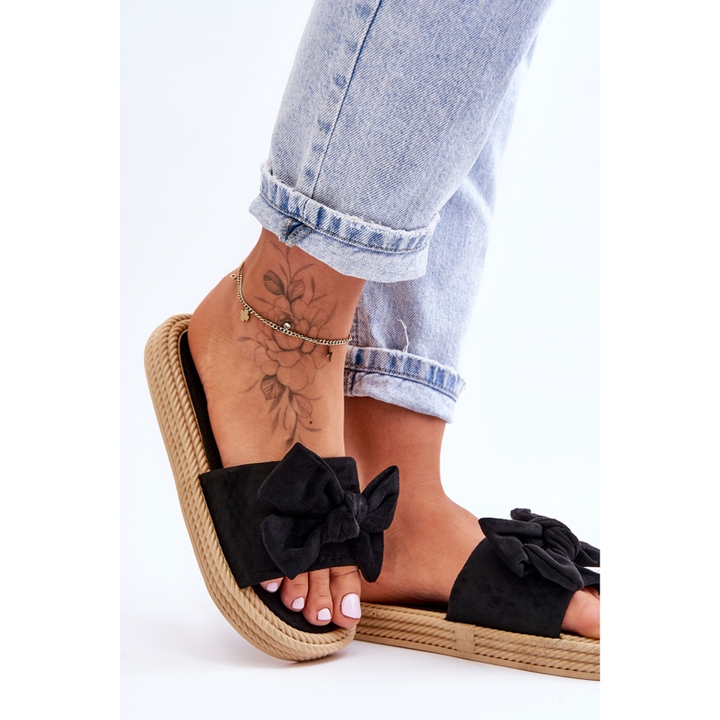 FK1 Damskie Zamszowe Klapki Z Kokardą Czarne Fency 2