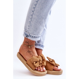 FK1 Damskie Zamszowe Klapki Z Kokardą Camel Fency brązowe 2