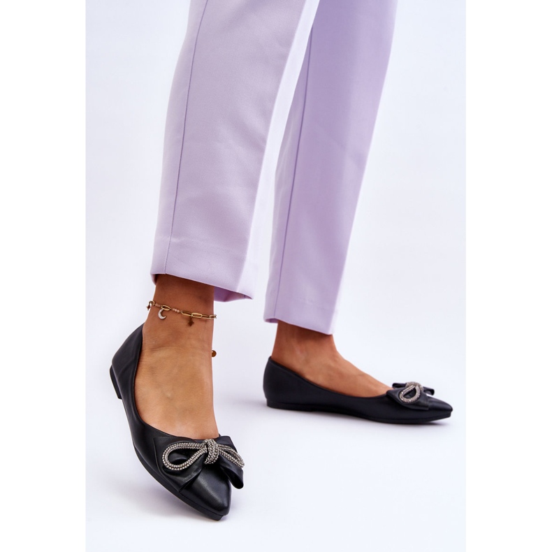 WS1 Eleganckie Baleriny Z Kokardą I Dżetami Czarne One Time 1