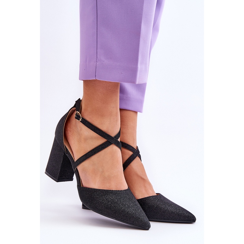 WS1 Modne Błyszczące Czółenka Na Słupku Czarne Galaxy 1