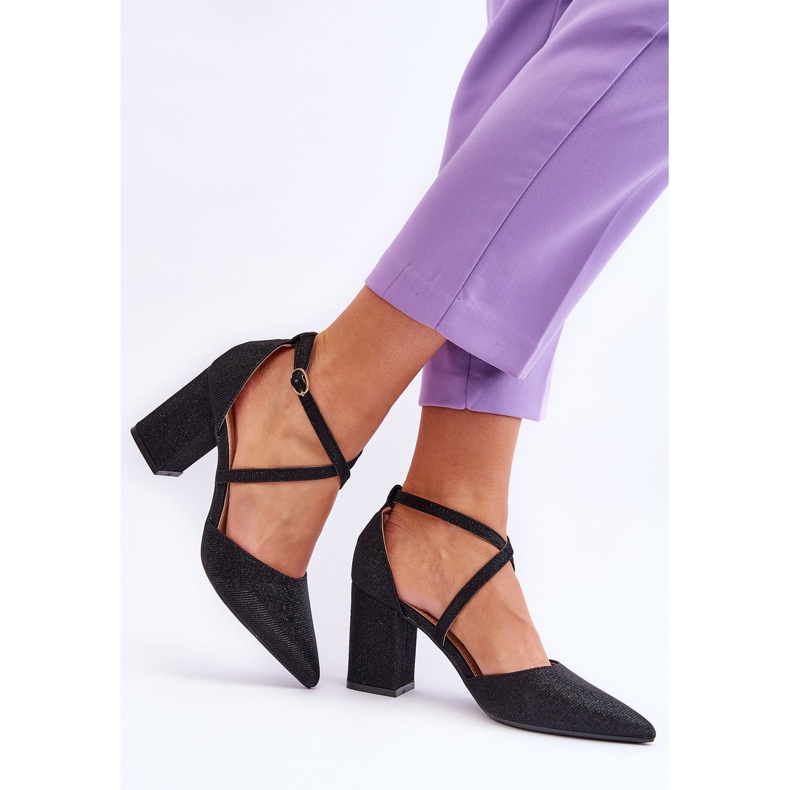 WS1 Modne Błyszczące Czółenka Na Słupku Czarne Galaxy 2