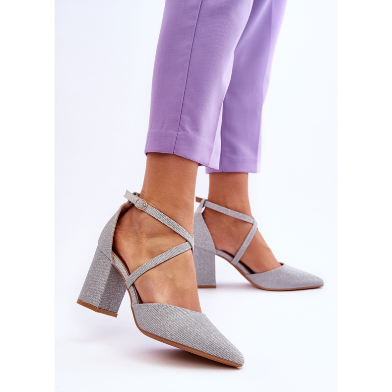 Modne Błyszczące Czółenka Na Słupku Srebrne Galaxy srebrny 2