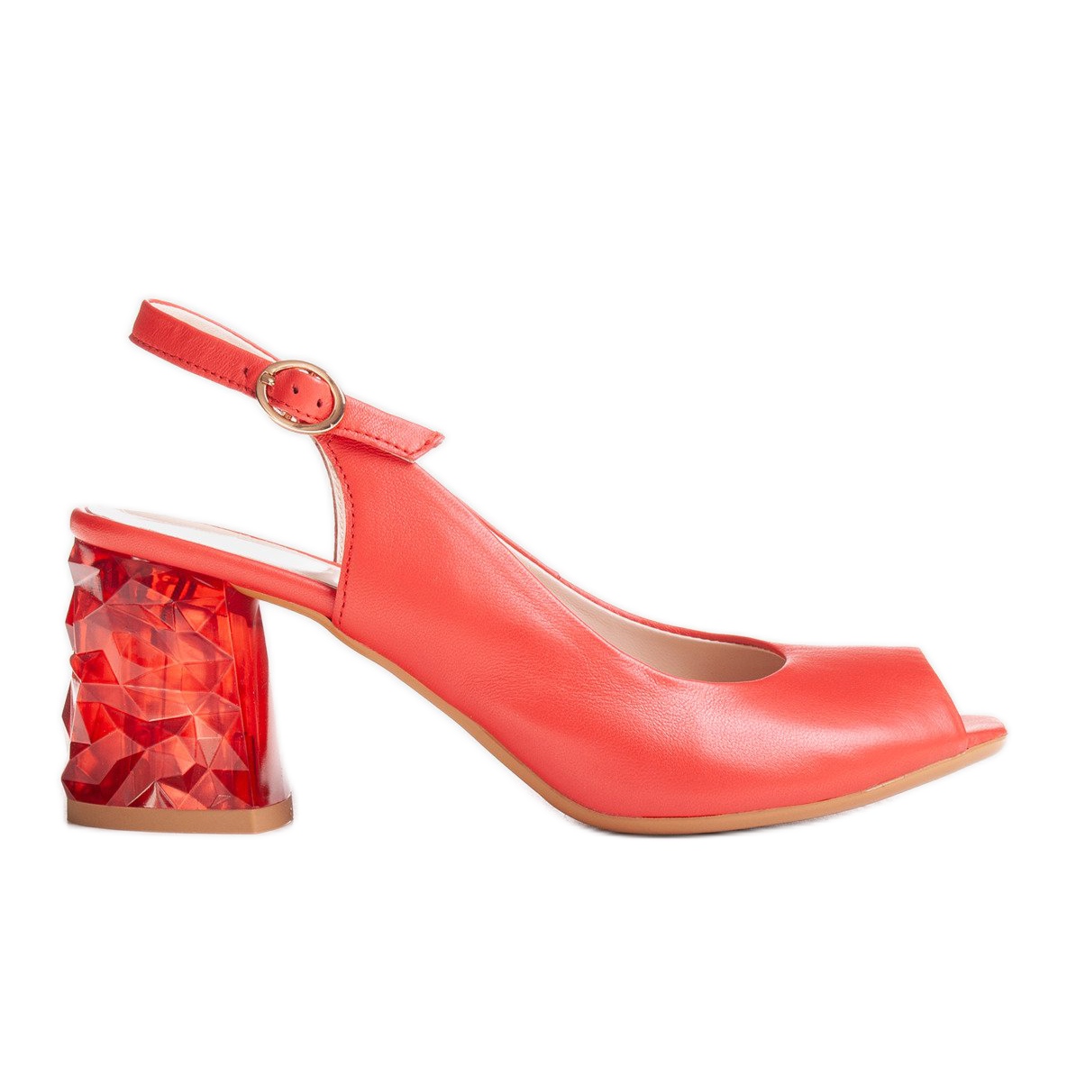 Skórzane sandały czerwone z obcasem 3D
